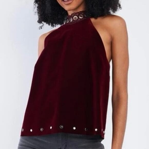 Studded Merlot Red Velvet Halter Babydoll Top - EUC - Size S - Picture 4 of 11